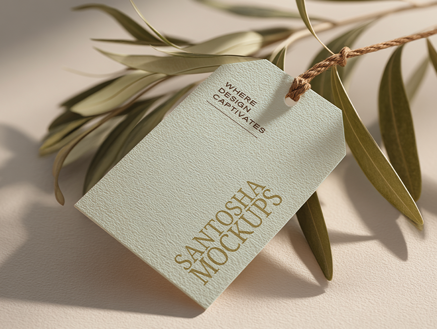 Studio Santosha HAVEN Collection hang tag mockup with textured paper finish, styled with olive branch and warm natural shadows on a neutral surface.
