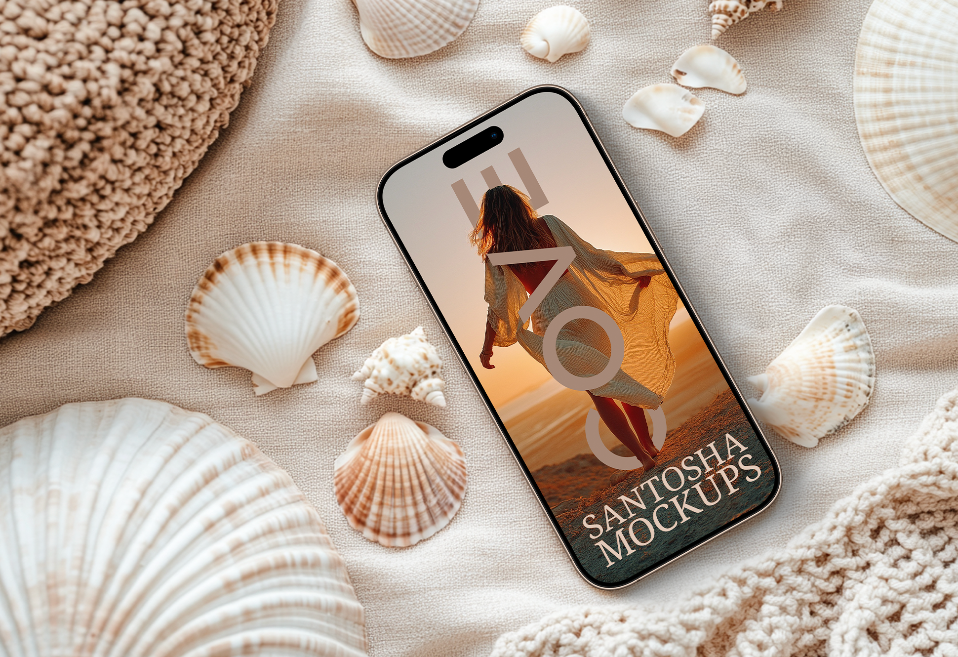 Cove Collection dual header image showing iPhone mockup from Studio Santosha on natural textured surface with shells