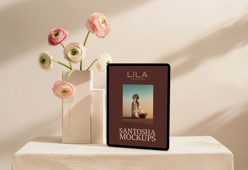 LILA Collection dual header image showing Studio Santosha iPad mockup styled with earthy pink tones and organic textures