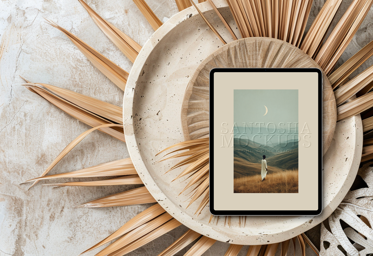 SOHL Collection dual header image with Santosha Mockups iPad styled on neutral fabric