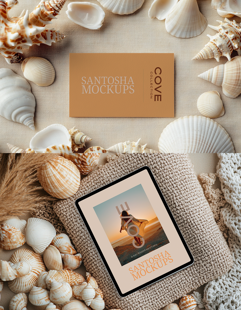 Studio Santosha COVE Collection mockup set — featuring a business card styled with seashells and a iPad mockup on woven fabric, designed with warm, coastal-inspired textures.