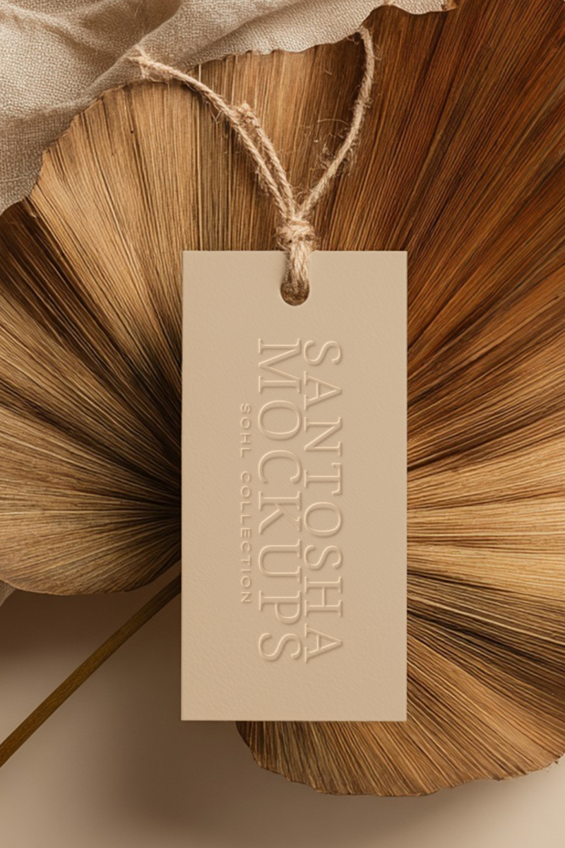 Vertical pin mockup from the SOHL Collection by Studio Santosha — beige embossed tag styled on dried palm leaf with soft neutral fabric.
