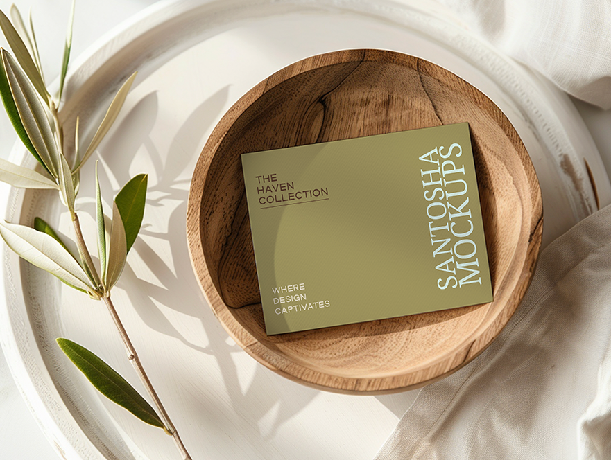 Studio Santosha HAVEN Collection 4x6 card mockup styled on a wooden plate with olive branch and soft linen backdrop in natural light.