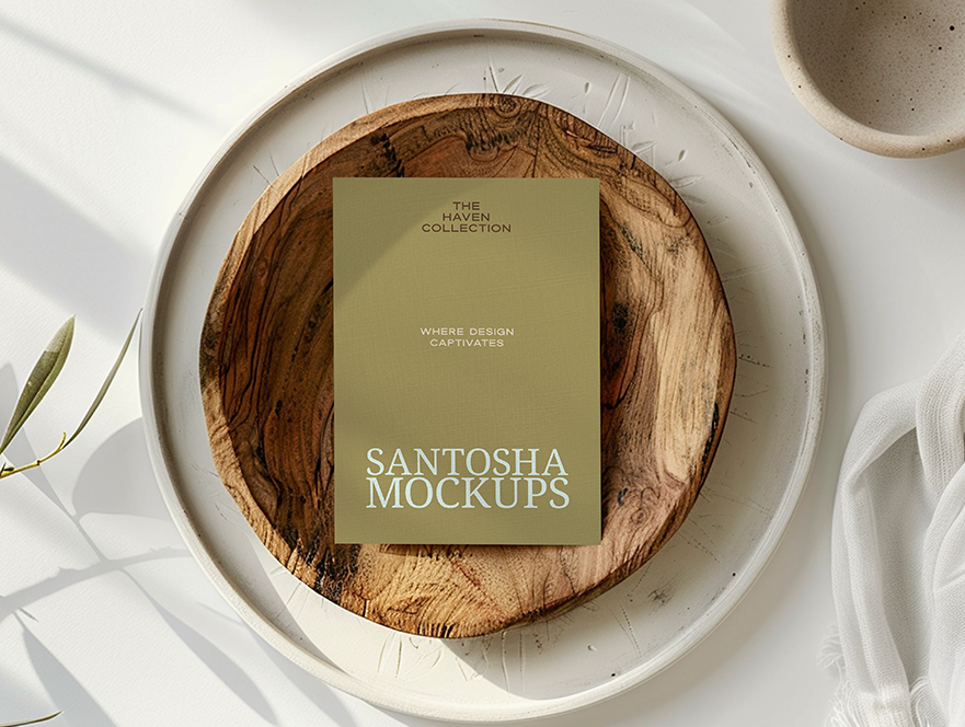 Studio Santosha HAVEN Collection A4 card mockup styled on a round wooden plate with soft white fabric, olive branch accents, and natural daylight shadows.