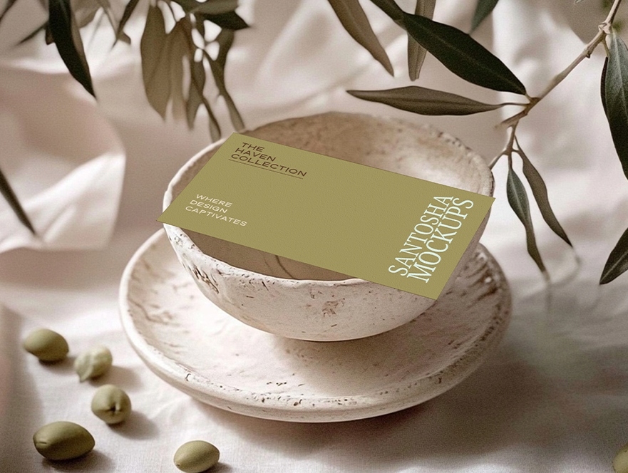Studio Santosha HAVEN Collection business card mockup styled in a textured ceramic bowl with olive branch and warm natural lighting.