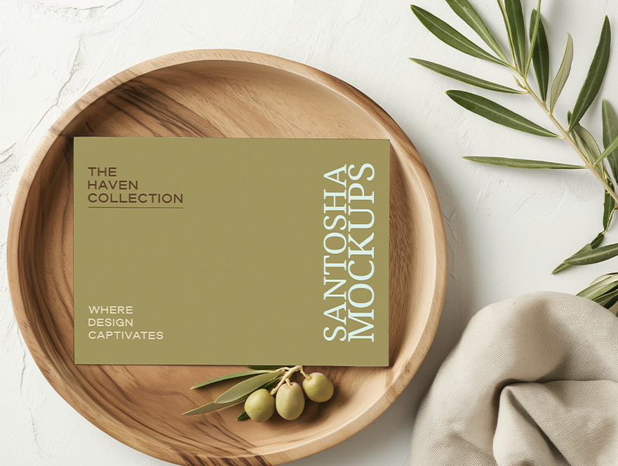 Studio Santosha HAVEN Collection card mockup styled on a round wooden plate with olive branch, beige linen, and soft natural lighting.