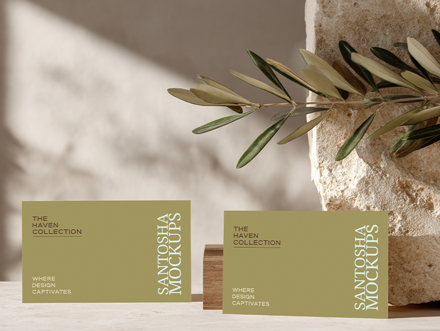Studio Santosha HAVEN Collection dual business card mockup styled with olive branch and natural stone texture in warm neutral light.