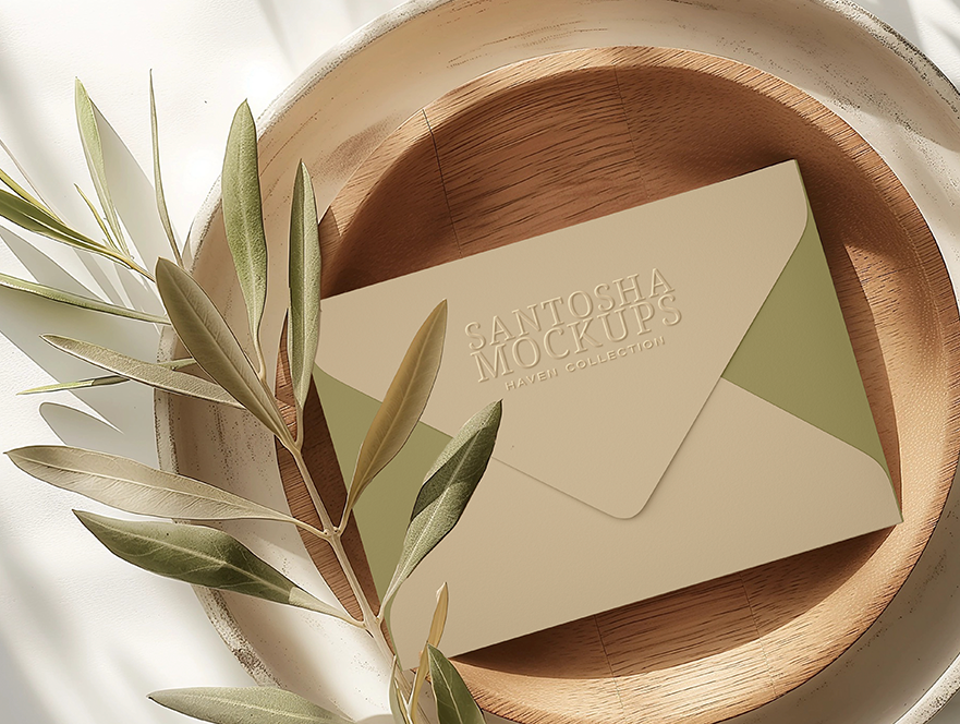 Studio Santosha HAVEN Collection envelope mockup placed on a wooden plate, styled with olive branch detail and soft morning light.