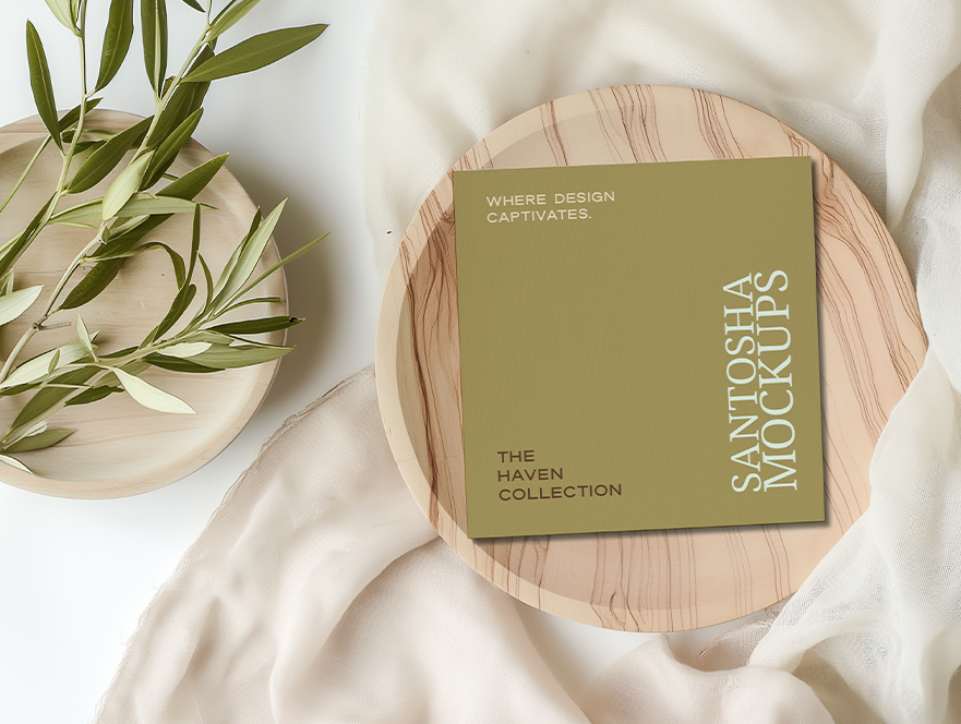 Studio Santosha HAVEN Collection square card mockup styled on a wooden tray with olive branch and soft neutral fabric background in natural light.