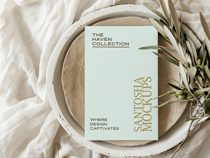 Studio Santosha HAVEN Collection vertical card mockup styled on a wooden plate with olive branch and draped fabric in soft natural light.