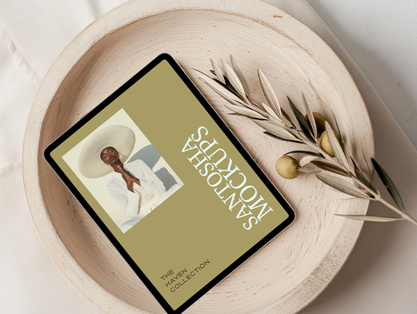 Studio Santosha HAVEN Collection iPad mockup on a wooden bowl with olive branch and soft neutral background.