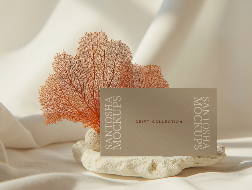 Business card mockup from the DRIFT Collection by Studio Santosha, displayed on a stone surface with coral decoration and soft fabric backdrop.
