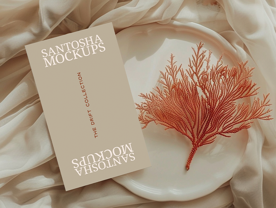 Vertical business card mockup from the DRIFT Collection by Studio Santosha, displayed on a white dish with coral decoration and soft fabric backdrop.