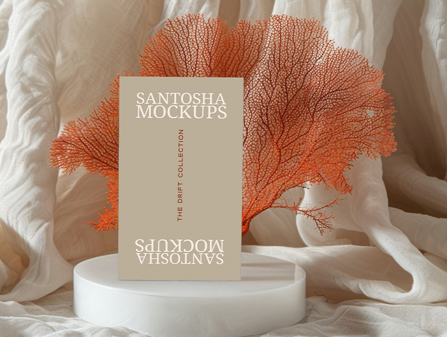 Vertical business card mockup from the DRIFT Collection by Studio Santosha, displayed on a white pedestal with coral decoration and soft fabric backdrop.
