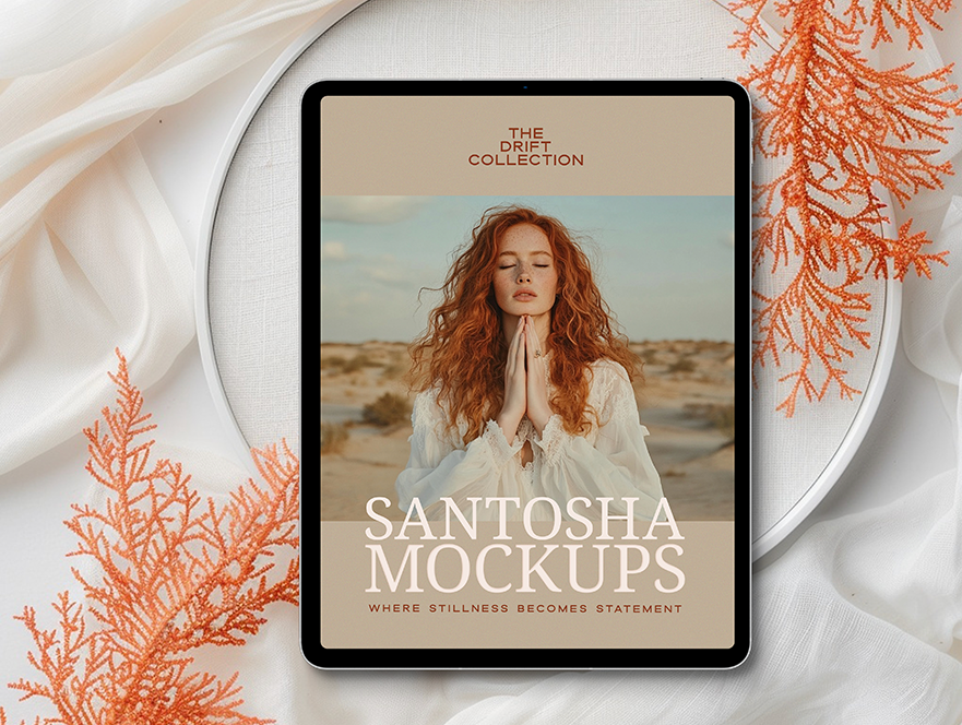 iPad mockup from the DRIFT Collection by Studio Santosha, displayed on a white dish with coral decoration and soft fabric backdrop.