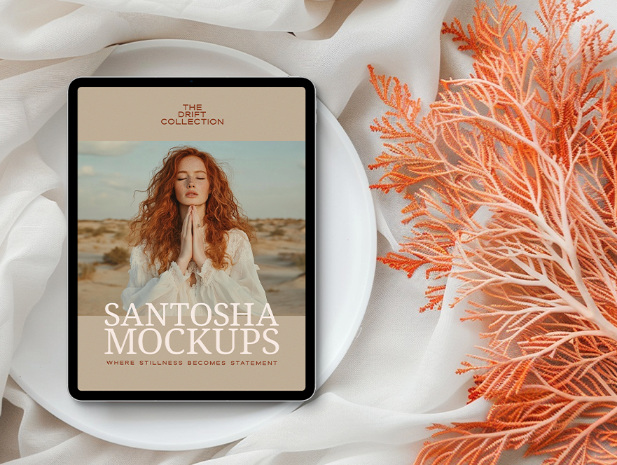 iPad mockup from the DRIFT Collection by Studio Santosha, displayed on a soft fabric surface with coral decoration and natural light.