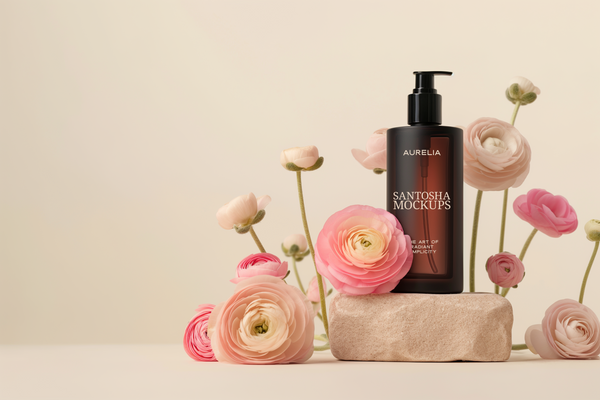 Luxury beauty bottle mockup from Studio Santosha’s AURELIA Solo Edit, featuring a dark amber pump bottle styled with soft pink ranunculus flowers and sandstone textures in warm natural light.