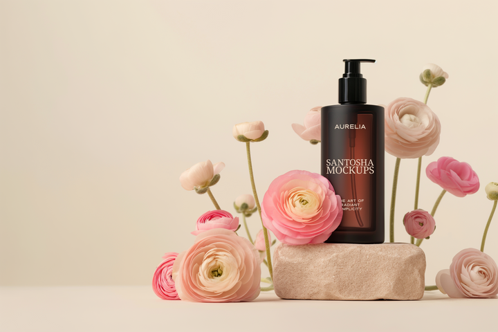 Luxury beauty bottle mockup from Studio Santosha’s AURELIA Solo Edit, featuring a dark amber pump bottle styled with soft pink ranunculus flowers and sandstone textures in warm natural light.