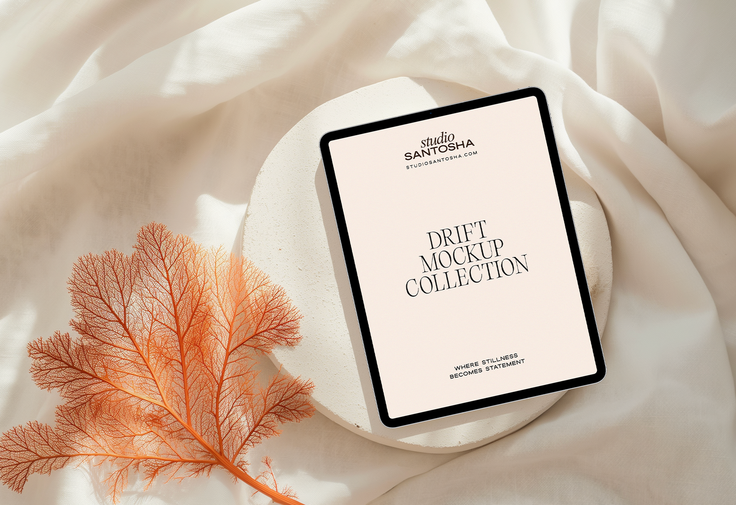 Dual header iPad mockup from the DRIFT Collection by Studio Santosha styled with soft draped fabric coral textures and warm natural light