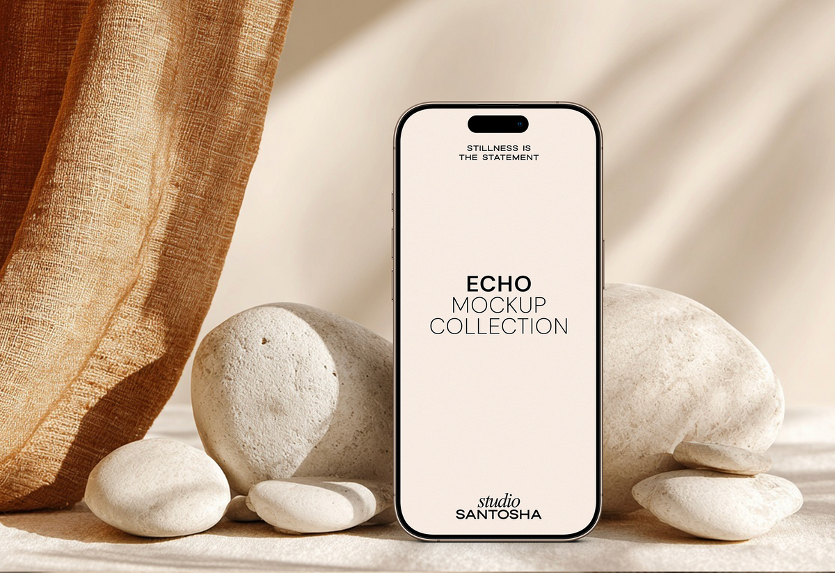 Dual header iPhone mockup from the ECHO Collection by Studio Santosha styled with natural stone and soft neutral shadows
