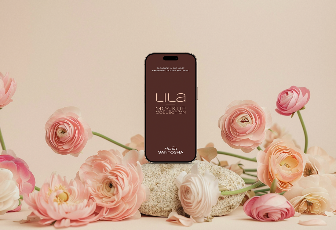 Dual header iPhone mockup from the LILA Collection by Studio Santosha styled with soft pink florals sculptural stone and warm neutral light