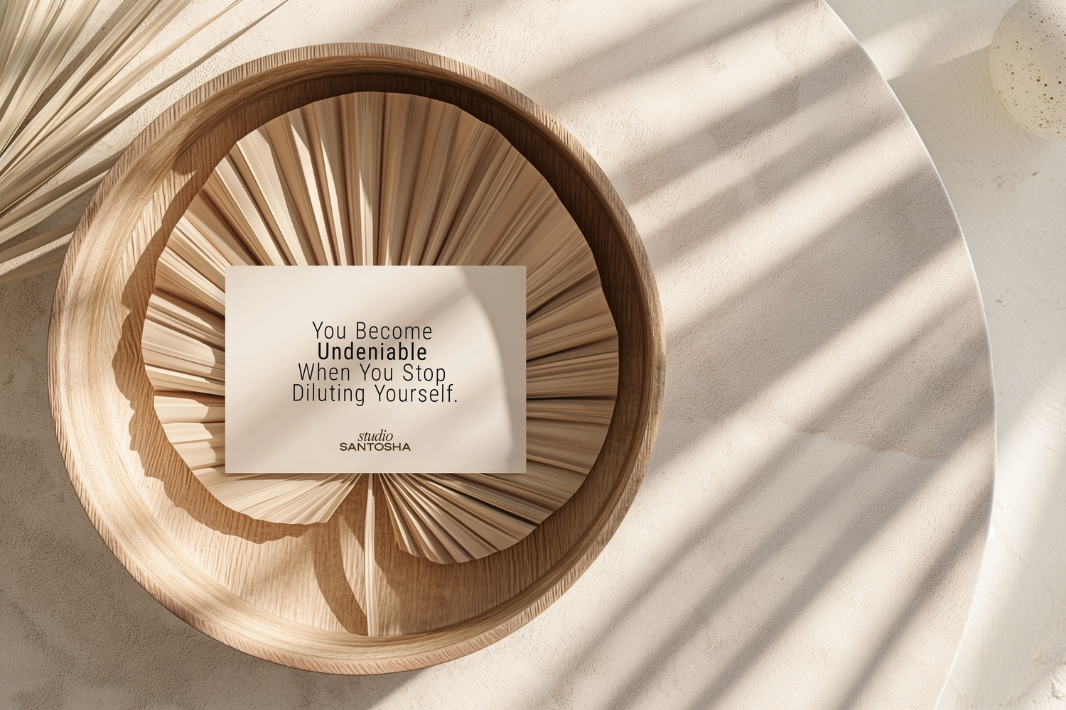 Business card mockup inside wooden bowl from the SOHL Collection by Studio Santosha with soft sculptural shadows on a light neutral background