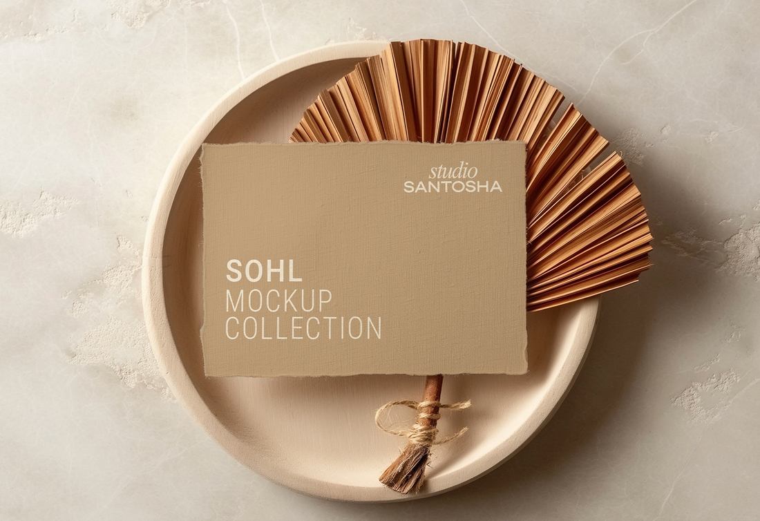 Minimal dual header card mockup from the SOHL Collection by Studio Santosha styled with sculptural palm shadows natural textures and soft warm neutral light