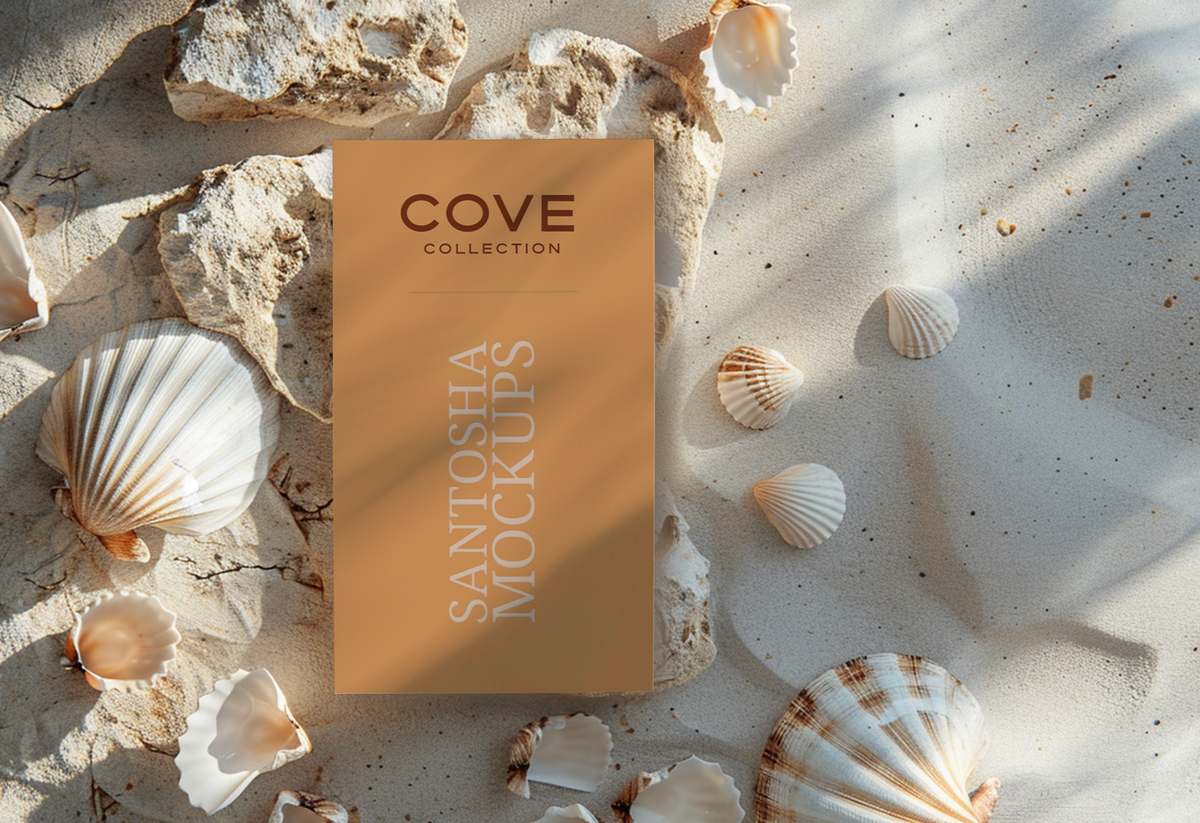 Studio Santosha Cove Collection dual header image with elegant business card mockup styled with seashells and textured fabric
