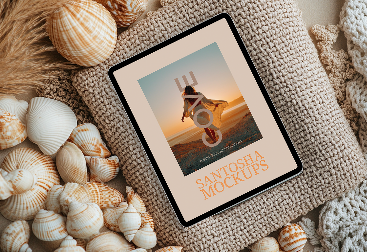 Cove Collection dual header image of Santosha Mockups iPad styled with seashells and natural fabric textures