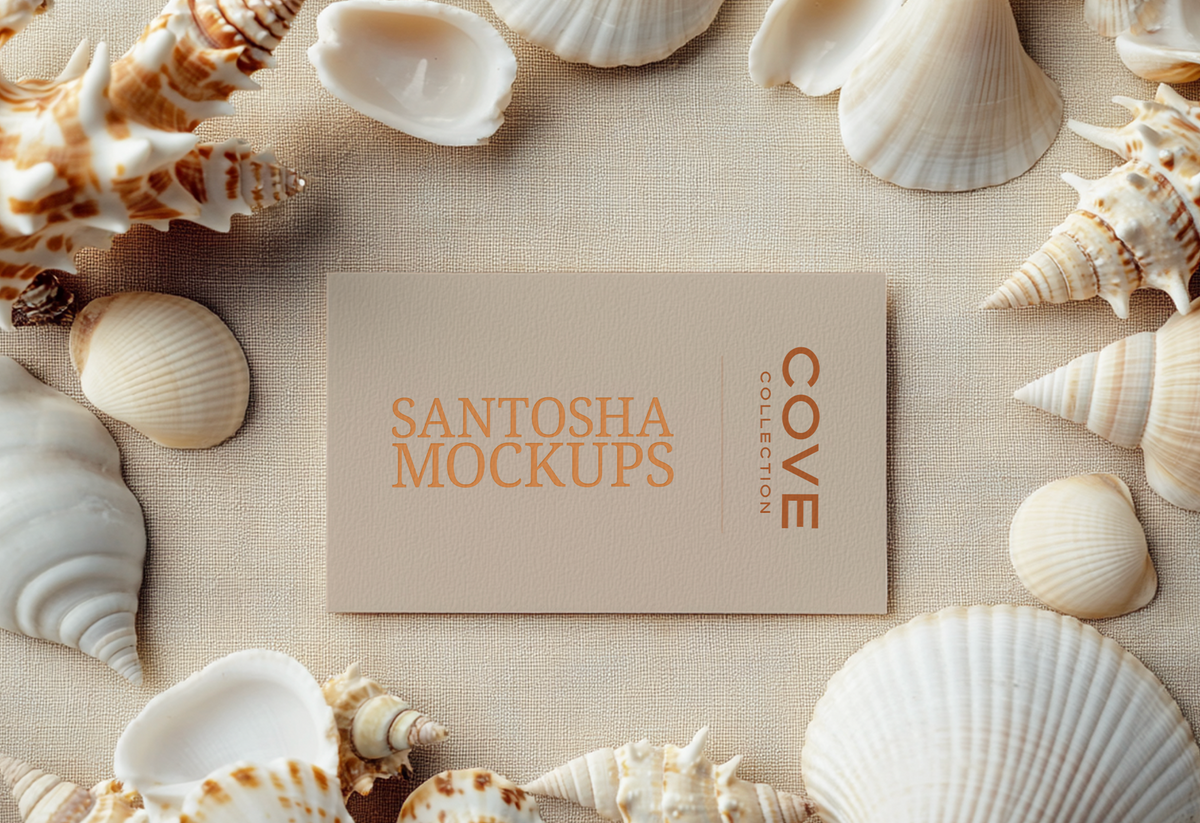 Cove Collection dual header image with minimalist business card mockup among seashells and linen fabric