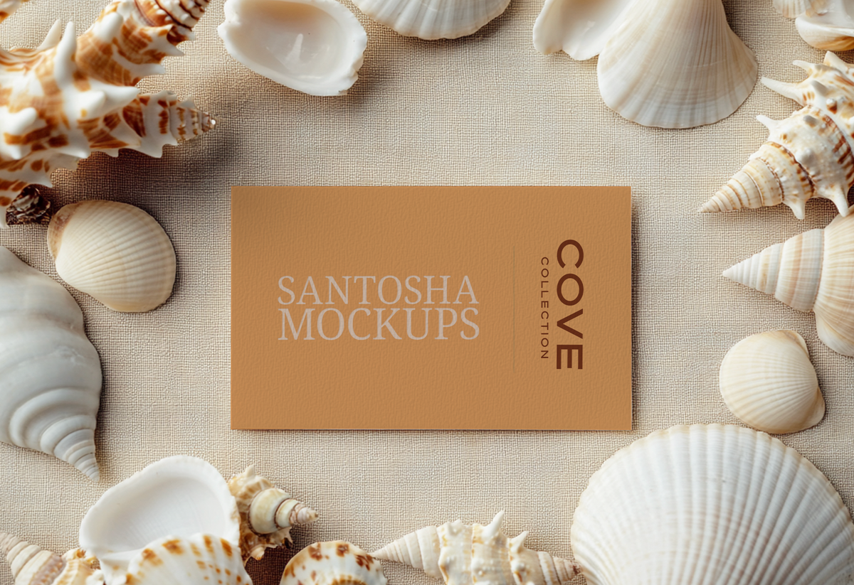 Cove Collection dual header image showing Santosha Mockups business cards laid on soft fabric with shell details