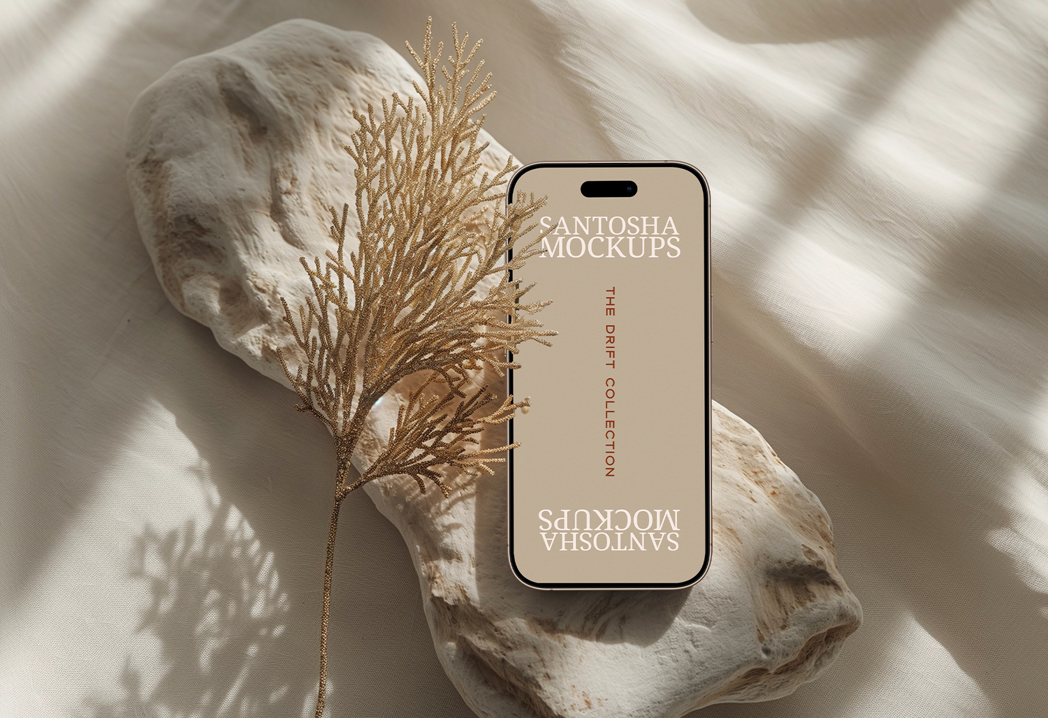 DRIFT Collection dual header image with Studio Santosha iPhone mockup styled with coral textures and fabric
