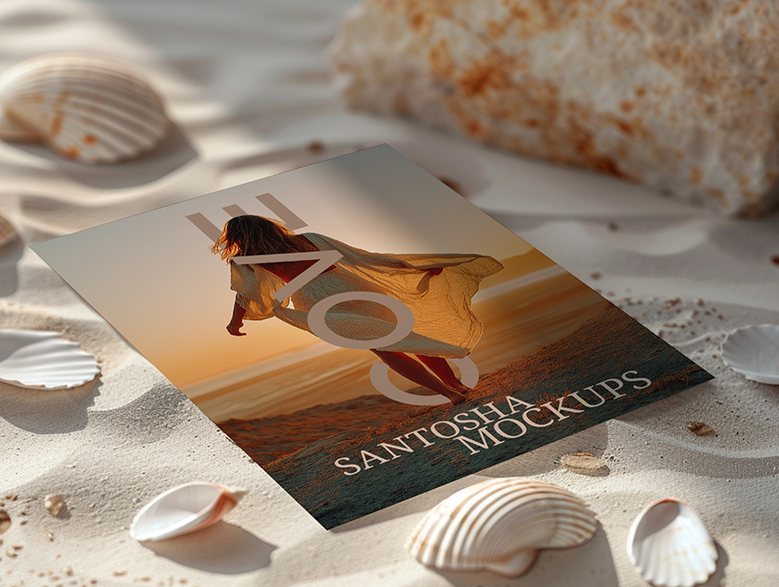 Cove Collection A4 card mockup by Studio Santosha, featuring a woman walking along the beach at sunset, styled with seashells on soft sand