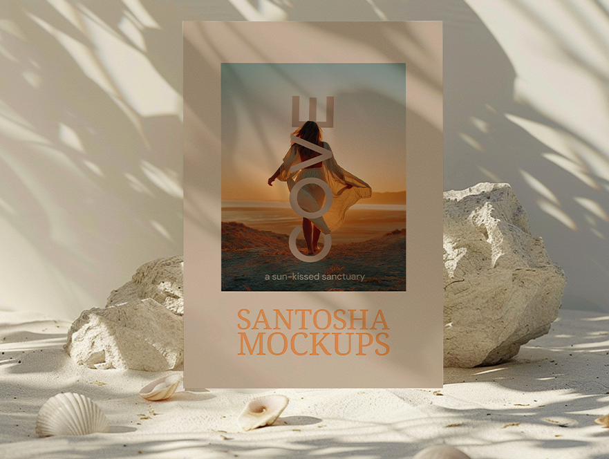 Cove Collection A4 mockup by Studio Santosha, featuring a woman walking on the shore, styled with natural rocks, seashells, and dappled sunlight on sand