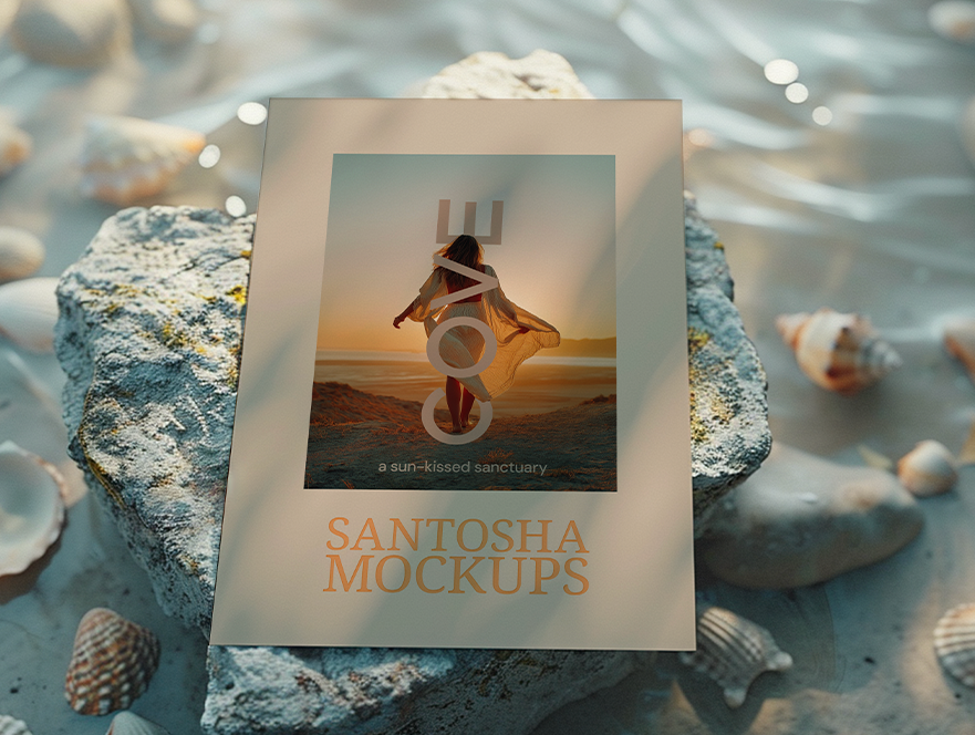 Cove Collection A4 poster mockup by Studio Santosha, placed on a weathered rock with seashells, ocean water, and soft beach lighting