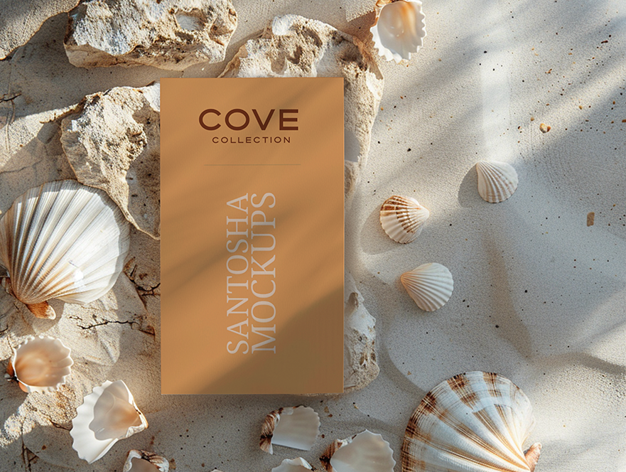 Studio Santosha Cove Collection business card mockup displayed on textured sand with scattered seashells and natural stone elements