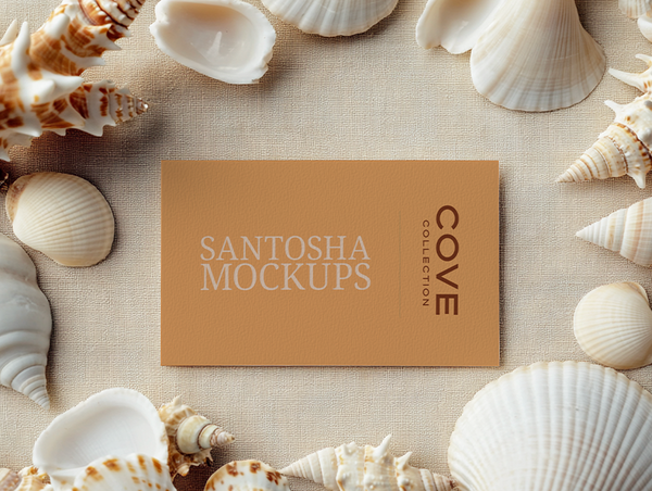 Cove Collection card mockup by Studio Santosha, placed on a beige fabric background surrounded by assorted seashells