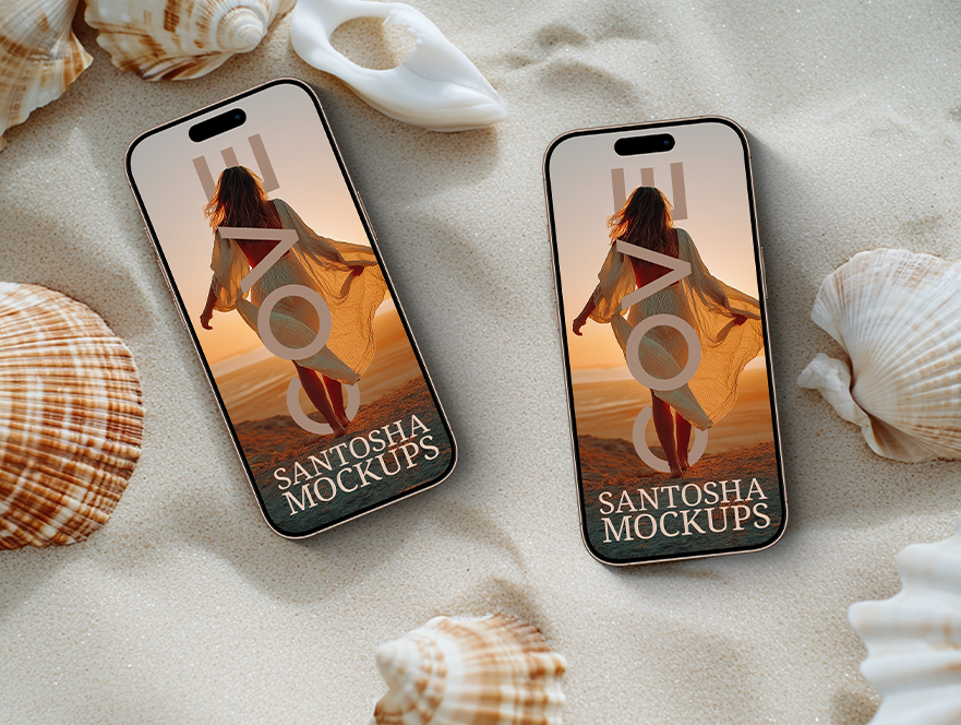 Cove Collection dual phone screen mockup by Studio Santosha, featuring a woman walking along the beach at sunset, styled with seashells on soft sand