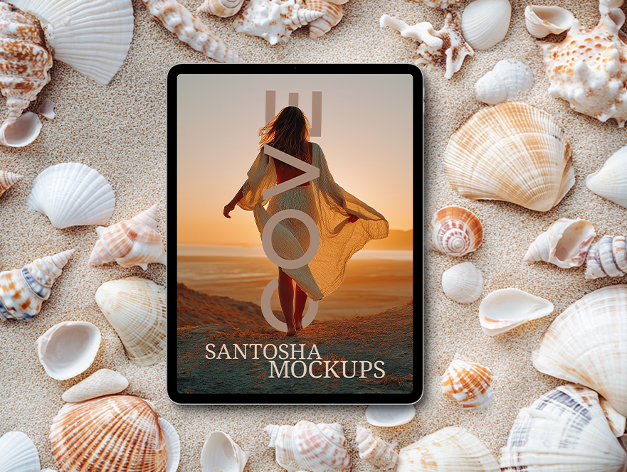 Cove Collection tablet mockup by Studio Santosha showing a woman at sunset, styled on sand with scattered seashells