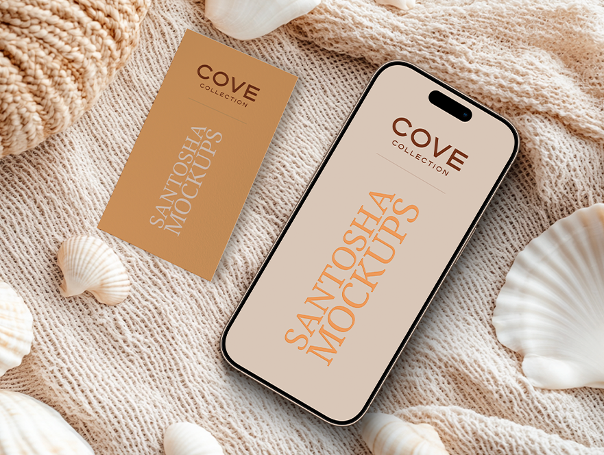 Studio Santosha Cove Collection mockup featuring a phone case and matching card on a woven textured fabric with seashell accents