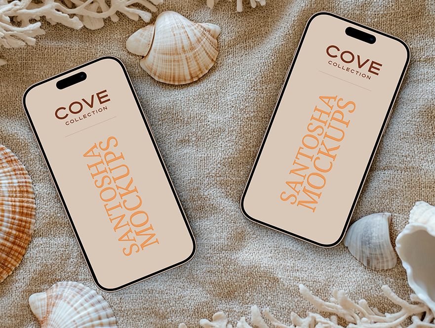 Cove Collection phone case mockups by Studio Santosha, displayed on a textured fabric surface with seashell and coral accents