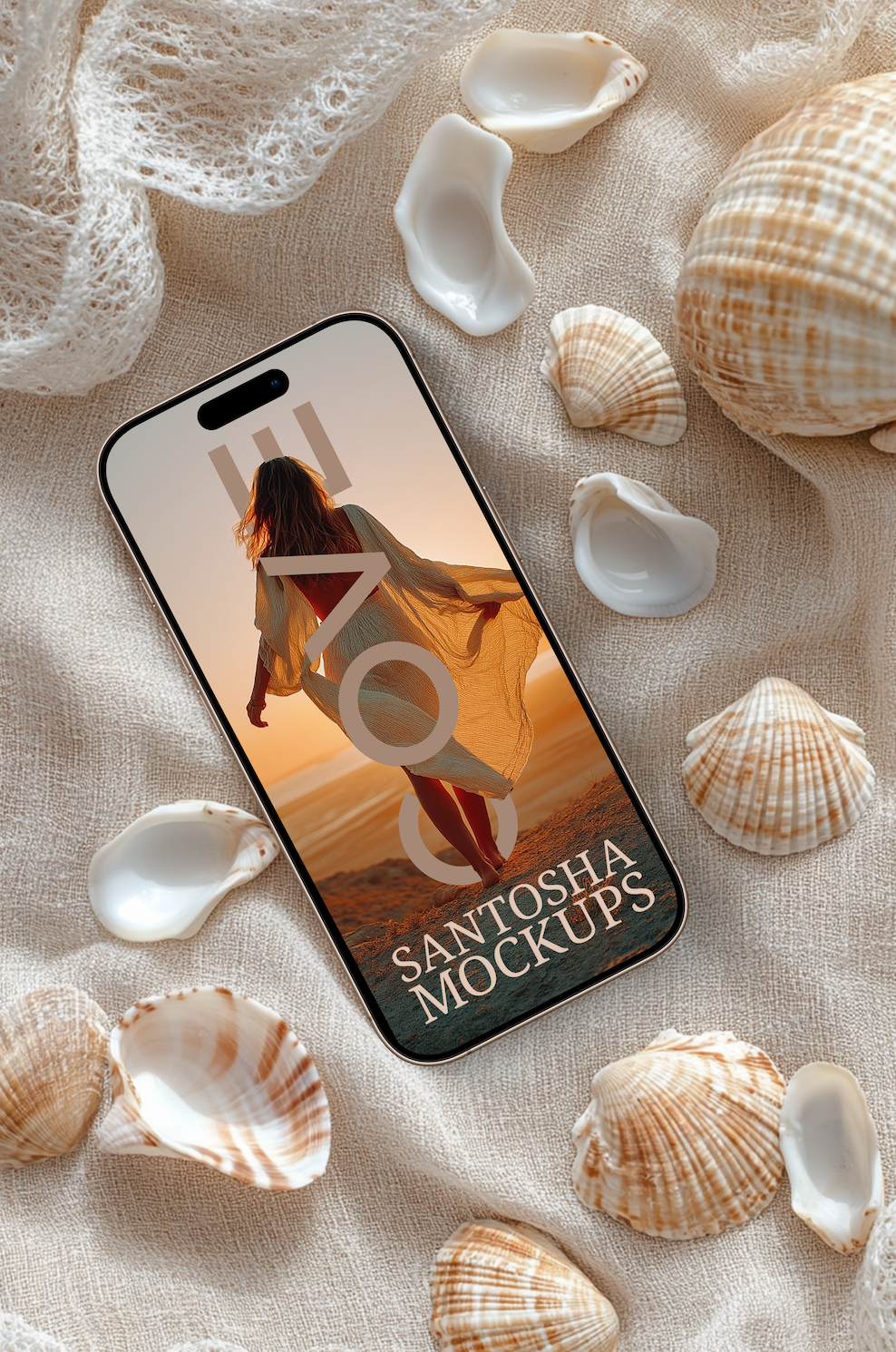 Cove Collection phone mockup by Studio Santosha featuring a woman walking on the beach, displayed on sand-textured fabric and surrounded by seashells