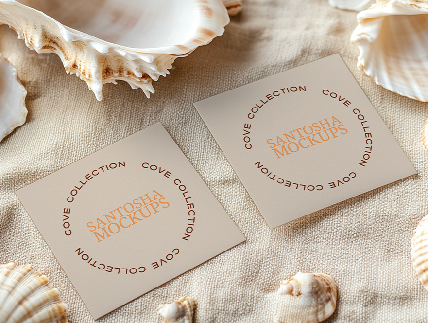 Two square business card mockups from the Cove Collection by Studio Santosha, displayed on beige linen with scattered seashells