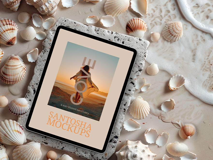 Cove Collection tablet mockup by Studio Santosha, featuring a woman at sunset on the beach, styled with assorted seashells on sand and foamy shoreline