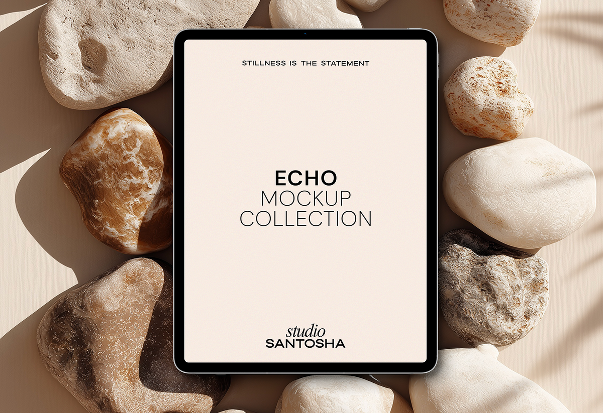 Echo Mockup Collection dual header iPad mockup styled with natural stone flatlay and warm neutral shadow light by Studio Santosha