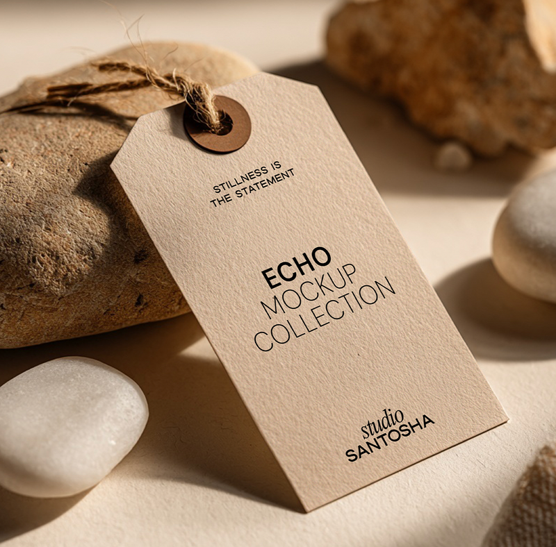 Studio Santosha Echo mockup featuring a hanging branding tag styled on natural stones with warm neutral shadows