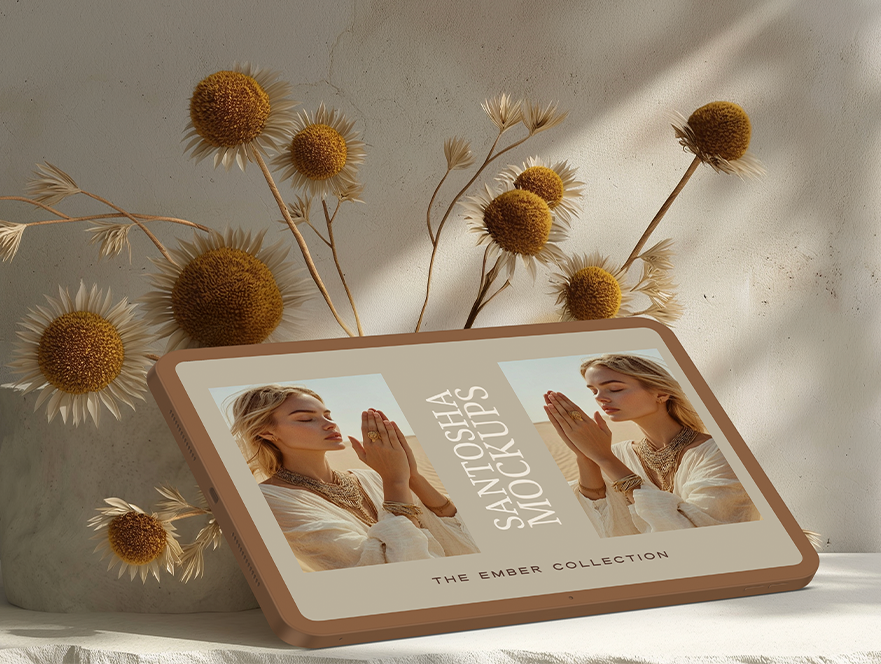 Tablet mockup from the Ember Collection by Studio Santosha, displayed with dried golden flowers against a textured neutral wall