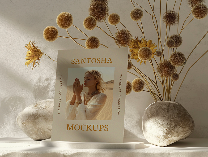 Studio Santosha Ember Collection A4 card mockup styled with dried spherical flowers in a vase, set against a softly lit neutral background.