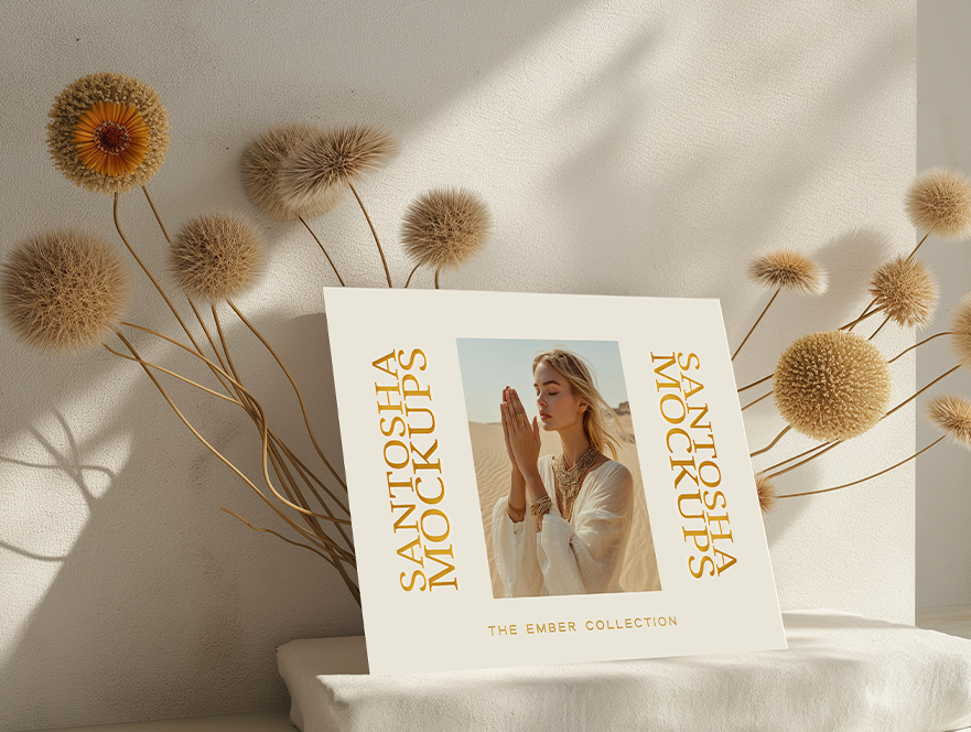 Studio Santosha Ember Collection landscape A4 card mockup with dried floral stems in a vase, styled on a pedestal against a softly lit neutral background.