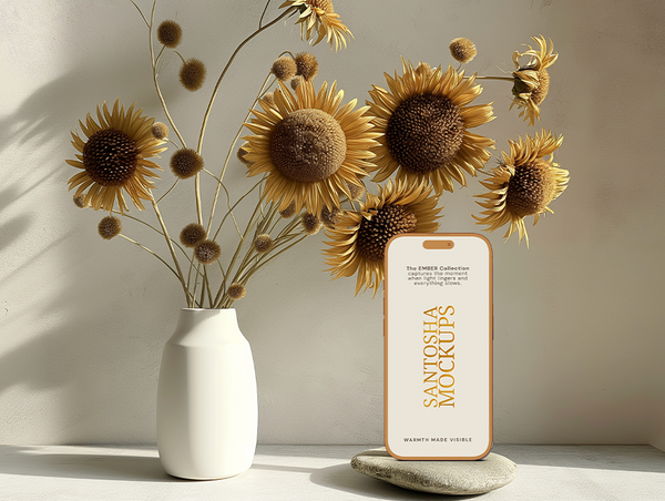 Card mockup styled with daisies in ceramic vase and warm shadow play, from the EMBER Collection